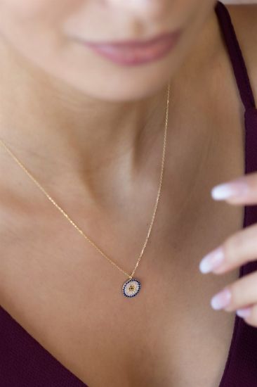 "Modern Tasarım Nazar Altın Kolye, 1,74 gram, Goldium ustalığı ve Altın Nazar Boncuklu Kolye modeli ile uzun ömürlü kullanım sağlar