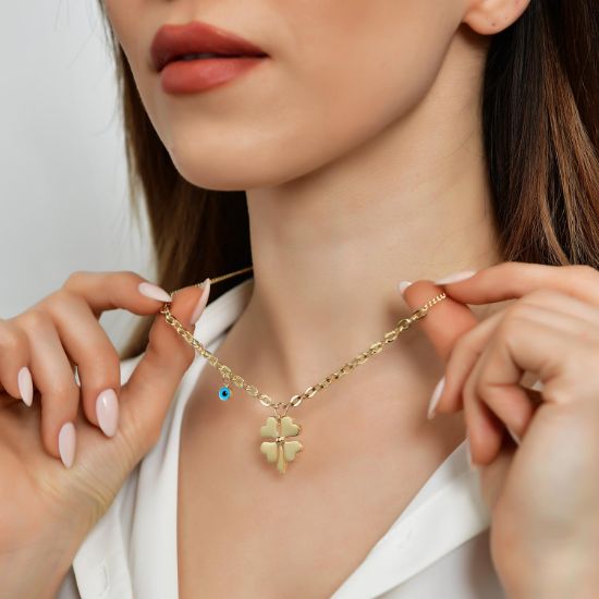 "14 Ayar Altın Yonca Nazar Gözlü Kolye, 7,95 gram, Goldium ustalığı ve Altın Kolye modeli ile uzun ömürlü kullanım sağlar