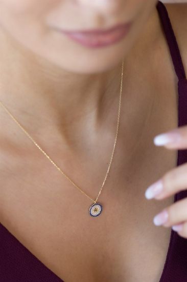"Modern Tasarım Nazar Altın Kolye, 1,74 gram, Goldium ustalığı ve Altın Nazar Boncuklu Kolye modeli ile uzun ömürlü kullanım sağlar