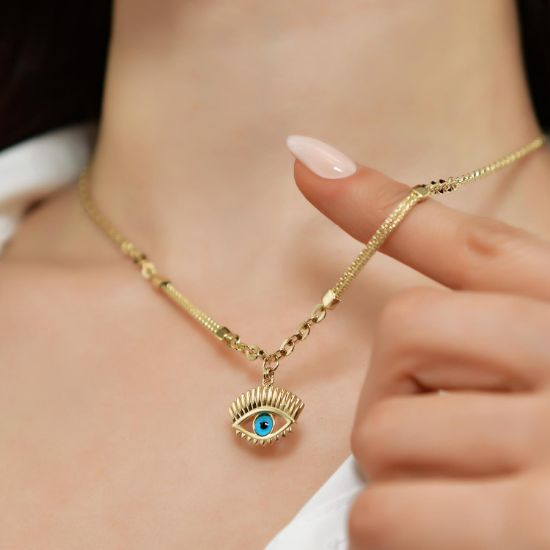 "14 Ayar Altın Nazar Göz Figürlü Kolye, 7,43 gram, Goldium ustalığı ve Altın Kolye modeli ile uzun ömürlü kullanım sağlar